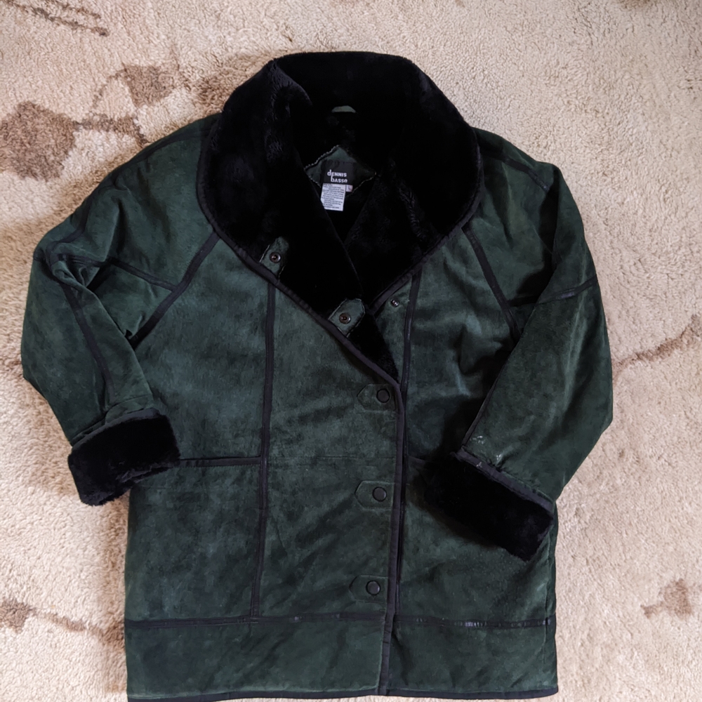 Dennis Basso Green Suede Pea Coat with Black Accents And Faux Fur